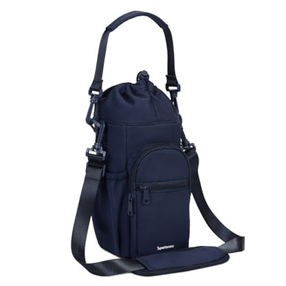 sportsnew 40oz Insulated Crossbody Water Bottle Bag Gym Hiking Phone Pocket | Water-resistant Lining, Padded Strap, Top Handle, Drawstring, Phone Pocket, Elastic Slots, Built-In Key Clip for Gym Walking - color: Navy Blue