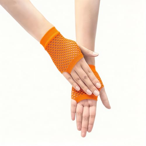 Short Fishnet Gloves for Women Fingerless Mesh Fishing Net Gloves 80s Fish Net Arm Sleeves Halloween Party Cosplay Costume - color: Orange