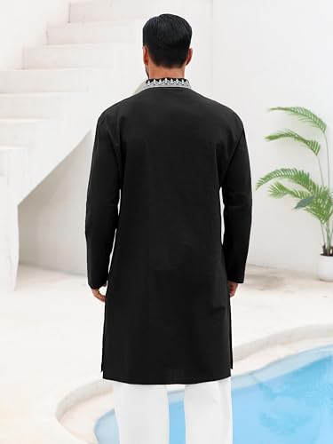 Runcati Mens Kaftan Thobe Cotton Henley Shirt Long Sleeve Embroidery Robe Casual Kurta Muslim Gown Shirt - color: Black, size: Large