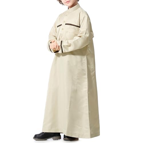 Muslim Thobe for Boys Islamic Clothing Long Sleeve Kaftan 𝐑obe Arabic Dress Kids Boys Prayer Dress Ramadan Eid Outfit - color: Beige, size: 13-14 Years