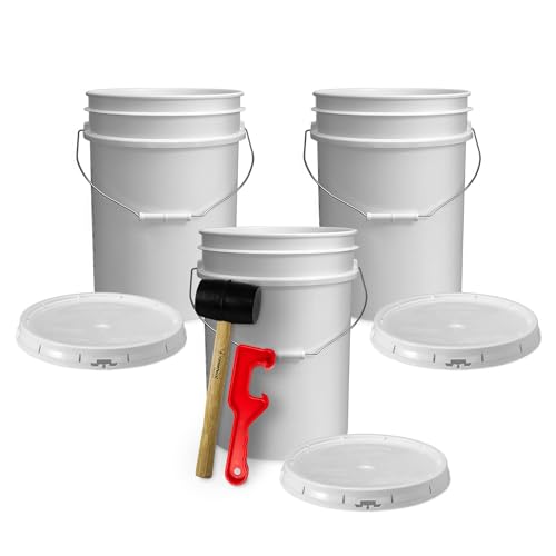 5 Gallon Bucket w/Lid, Food Grade BPA-Free, 3 Pack, White | Airtight Lid, Mallet and Lid Opener Included, Heavy-Duty 90 Mil HDPE Plastic, Food-Safe Durable Container, Made in USA - color: White, size: 3 Packs