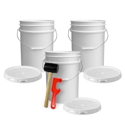 5 Gallon Bucket w/Lid, Food Grade BPA-Free, 3 Pack, White | Airtight Lid, Mallet and Lid Opener Included, Heavy-Duty 90 Mil HDPE Plastic, Food-Safe Durable Container, Made in USA - color: White, size: 3 Packs