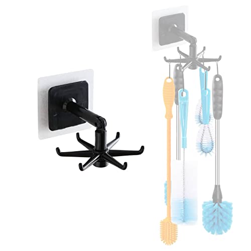 YeeBeny 360 Degrees Rotating Folding Hook Self-Adhesive 180 Degrees | Self Adhesive Utensil Rail With Hooks For Baby & Bottle Brush Holder - color: Black