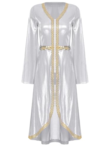 Women Muslim Abaya Dress Long Sleeve High Waist Embroidery Sparkly Caftan Islamic Evening Gown - color: Silver, size: Large
