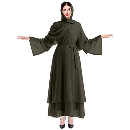 Muslim Abaya Dress for Women - Long Sleeve Islamic Dubai Abaya Cardigan Robe - Middle East Prayer Dress with Hijab - color: Army Green, size: Small