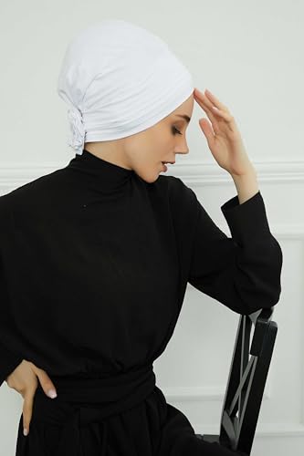 Aisha's Design Instant Turban Head Wraps for Women, Combed Cotton Scarf Lightweight Pre tied Hijab with Back Rose Detail - color: White