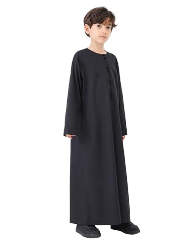 OBEEII Boy's Muslim Thobe Arab Long Sleeve Abaya Kaftan Robe Eid Ramadan Islamic Middle East Dubai Prayer Dress with Pockets - color: Black, size: 9-10 Years