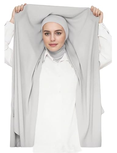 Lina & Lily Flowy Chiffon Instant Hijab Scarf Attached Jersey Ninja Undercap Full Coverage for Muslim Women - color: Light Gray