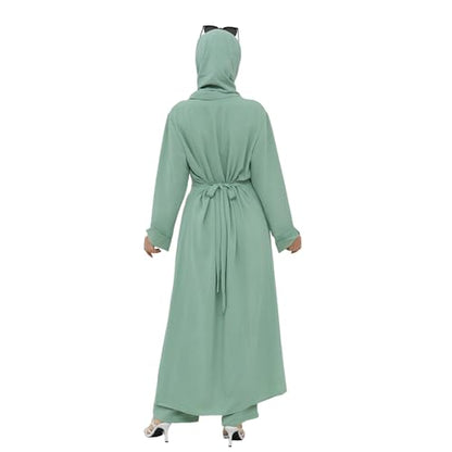 IDOPIP Muslim Women 2-Piece Set Long Sleeve Ramadan Islamic Abaya Dress Shirt with Pants Loose Fit Casual Dubai Prayer Outfit - color: Green, size: X-Large-XX-Large