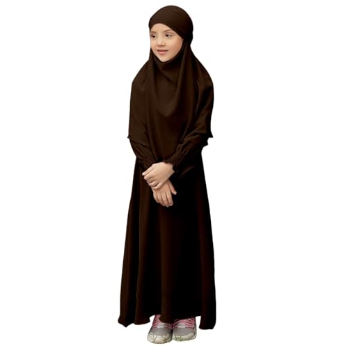 Muslim Clothes for Toddler Girls Long Sleeve Abaya with Hijab Two Piece Kids Prayer Dress Maxi Islamic Scarf Kaftan - color: Brown, size: 7-8 Years