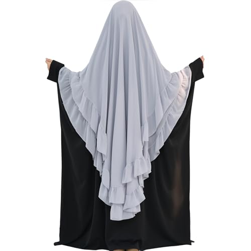 khalat Women's Hijab Chiffon Hijab for Women Muslim 2 Layers Ruffle Lightweight Large Hijab - color: Light Gray