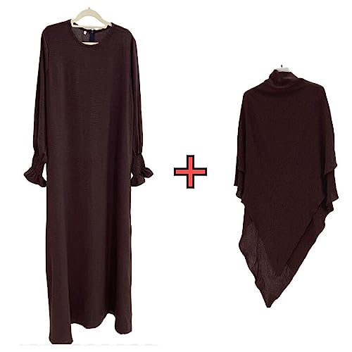 Women Prayer Dress Muslim Ramadan Garment Abaya Dubai Islam Jilbeb 2 Piece Set Layered Khimar Scarf Hijab and Long Dress - color: Dark Coffee, size: XX-Large