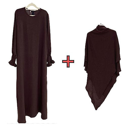 Women Prayer Dress Muslim Ramadan Garment Abaya Dubai Islam Jilbeb 2 Piece Set Layered Khimar Scarf Hijab and Long Dress - color: Dark Coffee, size: XX-Large
