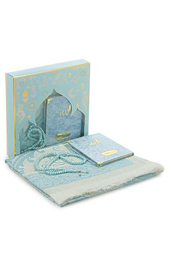 ihvan online Prayer Gift Set for Men & Women, Muslim Taffeta Prayer Rug, Salah Mat, Beads Rosary, Velvet Covered Yaseen Islamic Gift Set for Ramadan & Eid, Blue - color: Blue