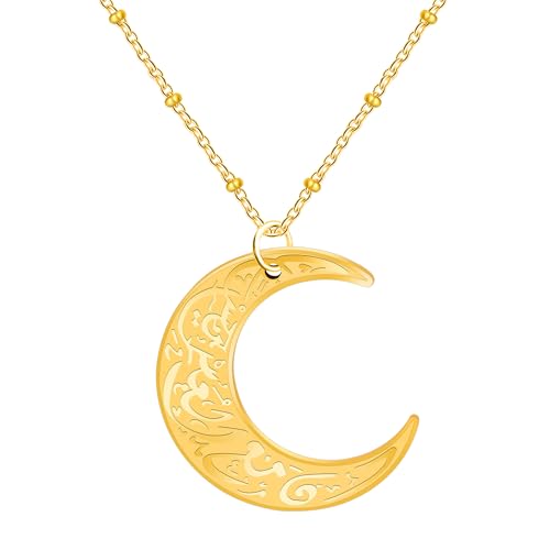 Stainless Steel Arabic Moon Pendant Necklace - Islamic Allah Symbol Jewelry for Men and Women - Religious Amulet Talisman Gift YA4979 - color: gold moon pendant necklace