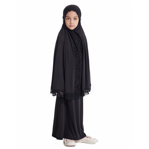 Girls Prayer Dress Muslim Abaya with Hijab 2pcs for Teen Girl Long Sleeve Islamic Maxi Set Arabic Ramadan Jilbab Eid Clothing - color: A-black, size: 9-10 Years