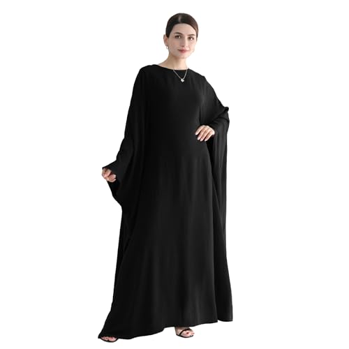 Abaya 무슬림 여성용 드레스 배트윙 슬리브 루즈핏 맥시 겸손한 이슬람 의류 히잡 스카프 포함 기도 드레스 - color: 블랙.