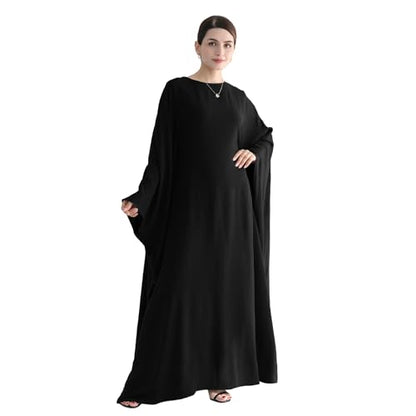 Abaya 무슬림 여성용 드레스 배트윙 슬리브 루즈핏 맥시 겸손한 이슬람 의류 히잡 스카프 포함 기도 드레스 - color: 블랙.