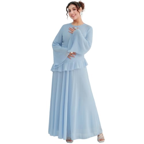 1PC Abaya Dress for Muslim Women 2-Layered Pearl Chiffon Islamic Prayer Clothing Back Zipper Maxi Abaya Dress with Belt - color: Sky Blue, size: Small