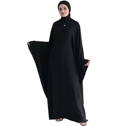 Muslim Abaya Dress Women Middle East Arabian Prayer Robe Batwing Maxi Kaftan Abaya Dress with Hijab - color: Black