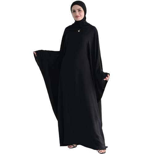 Muslim Abaya Dress Women Middle East Arabian Prayer Robe Batwing Maxi Kaftan Abaya Dress with Hijab - color: Black