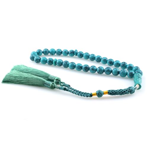 Muslims Islamic Dhikr Tasbeeh Tasbih Prayer Beads, 33 Blue Turquoise Stone Beads with Tassel