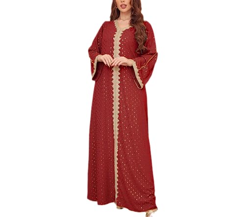 FPOVFPO Women's Muslim Abaya One-Piece V Neck Bronzing Dress Islamic Full Length Kaftan Daily Casual - color: Red, size: Medium