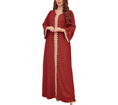 FPOVFPO Women's Muslim Abaya One-Piece V Neck Bronzing Dress Islamic Full Length Kaftan Daily Casual - color: Red, size: X-Large