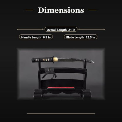Musashi Crest Tanto, 1045 Carbon Steel Hand Forged Full Tang Japanese Sword | hand-sharpened for tameshigiri, wavy temper, bo-hi groove, openwork guard, rayskin grip