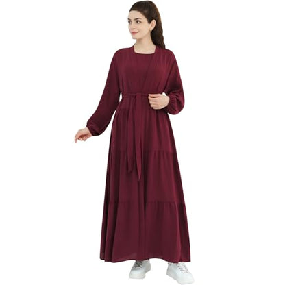 Women Muslim Abaya Dress 2PCS Soft Flowing Cardigan Dress Set Islamic Dubai Modest Kaftan Prayer Robe - color: Wine Red, size: X-Large