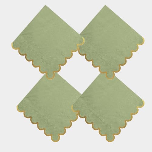 100 pack Sage Green Cocktail Napkins with Gold Foil Accents Scalloped Edges 5 x 5 inch Beverage Disposable Napkin Party Decoration Wedding Bridal and Baby Shower Dinner Lunch Supplies - color: Green, size: 5" x 5" (Set of 100)