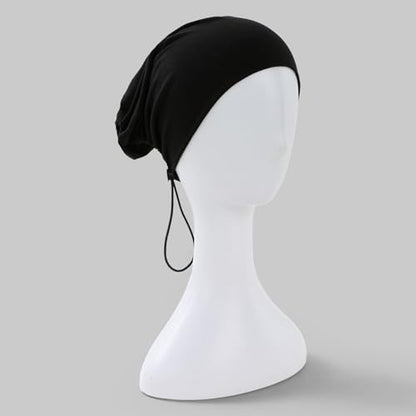 Women's Adjustable Elastic Drawstring Hijab Undercap, Soft Stretchy Jersey Underscarf Hijab Liner Hat - color: Black