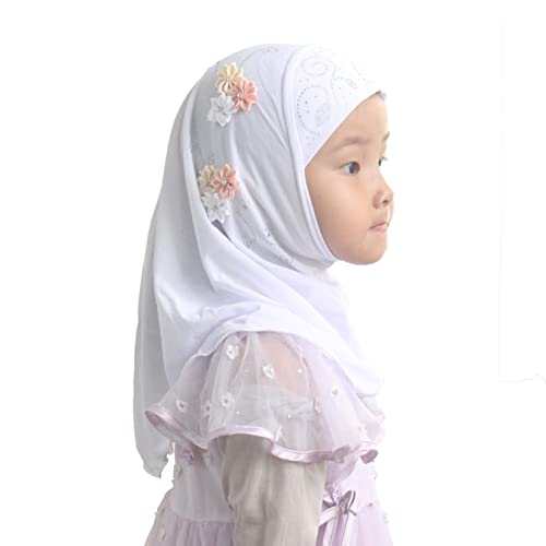 Instant Hijab for Kids Girls Hijabs Muslim Islamic Head Scarf with Rhinestone and Flowers - color: White
