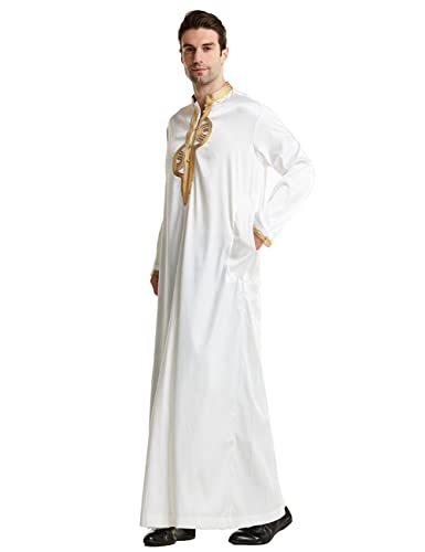 Islamic Mens Clothing Kaftan Maxi-Muslim Male Shirt Long Sleeve Abaya Dubai Cotton… - color: White-e, size: Small
