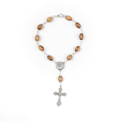 Car Rosary from The Holy Land of Bethlehem - 7” First Communion Rosary with Crucifix & Chalice Medal, Olive Wood Catholic Pocket Rosary with Wooden Rosary Beads & Lobster Clasp - color: First Communion - Medal