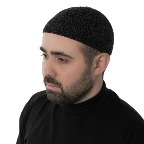 Modefa Islamic Prayer Kufi Hats for Men Chenille Knitted Stretchable Muslim Cap One-Size Fit - color: Black