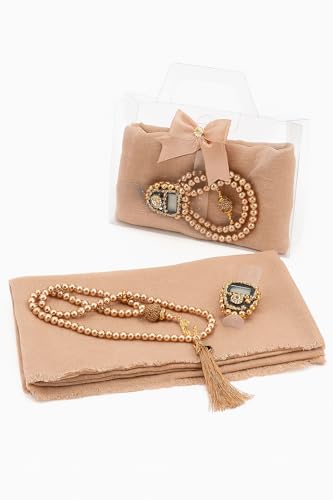 Premium Hijab Gift Set – 3-Piece Muslim Set with Chiffon Scarf, Prayer Beads (Tasbih) & Zikr Counter - color: Cappuccino
