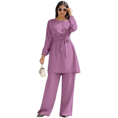 IWEMEK Abayas for Women Muslim Long Sleeve Loose Top Pants 2 Pcs Eid Ramadan Outfits Casual Islamic Muslim Clothes with Belt - color: Fuchsia, size: Small