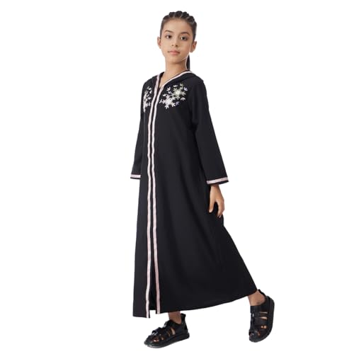 Kids Girls Abaya Muslim Eid Dress Gold Embroidered Lace Hooded Maxi Kaftan Robe Islamic Dubai Prayer Clothes - color: A-black, size: 6 Years