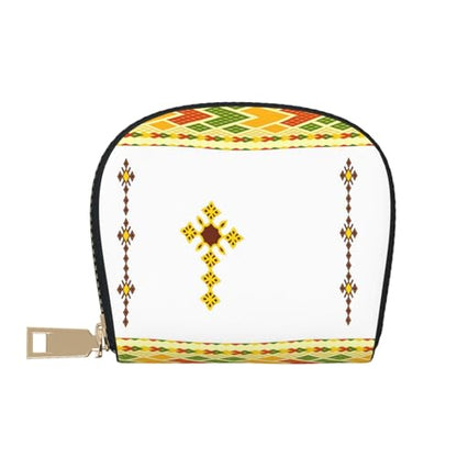Ethiopian Cross RFID Blocking Semi Circle Card Holder PU Leather Zipper Wallet Pouch Keychain Bag for Women Men, Slim Small Credit Card Case Organizer with 12 Slots - color: Ethiopian Cross1