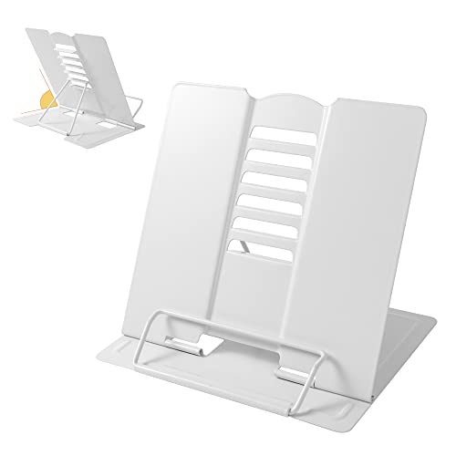 Metal Book Stand Adjustable Book Holder for Reading | Portable & Sturdy For Textbooks Cookbooks Sheet Music Papers Study - color: Full White