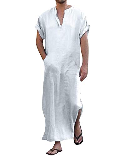 YAOHUOLE Men's Short Sleeve Kaftan Thobe Side Split Caftan with Pockets Long Gown Thobe - color: White, size: X-Large