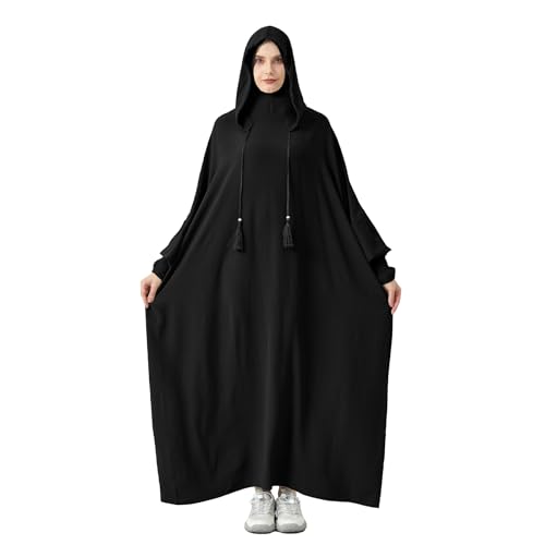 Abaya Muslim Dress Women Prayer Dress Long Sleeve Hooded Loose Maxi Dress Arabian Dubai Islamic Clothes - color: Black