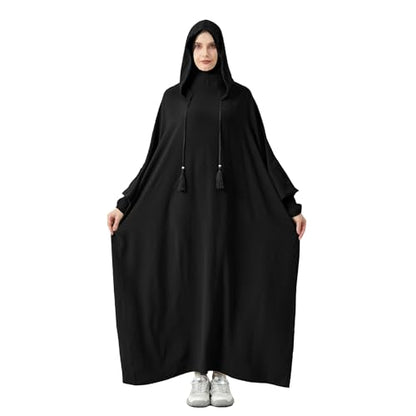 Abaya Muslim Dress Women Prayer Dress Long Sleeve Hooded Loose Maxi Dress Arabian Dubai Islamic Clothes - color: Black