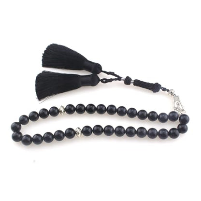 Muslims Islamic Dhikr Tasbeeh Tasbih Prayer Beads, 33 Black agate Stone Beads with Tassel