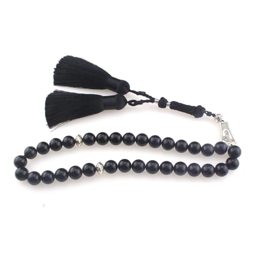 Muslims Islamic Dhikr Tasbeeh Tasbih Prayer Beads, 33 Black agate Stone Beads with Tassel