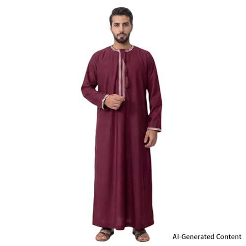 Kaftan for Men Muslim Gown Islamic Thobe Shirts Ramadan Abaya Dubai Arab Robe Long Sleeve Middle Eastern Kaftan - color: Wine Red, size: Large