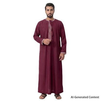 Kaftan for Men Muslim Gown Islamic Thobe Shirts Ramadan Abaya Dubai Arab Robe Long Sleeve Middle Eastern Kaftan - color: Wine Red, size: X-Large