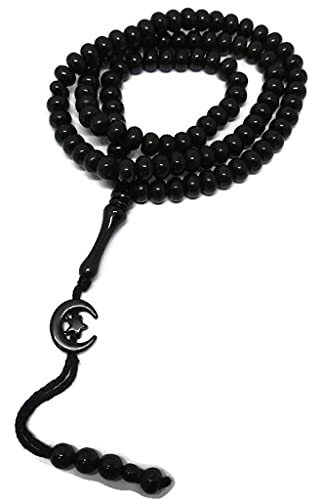 Islam Prayer Tasbih 99 Beads AMN-303 Muslim 8 mm. Rosary Bead Moon Star Decorated Tassels Haj Eid Ramadan Gift (Black) - color: Black