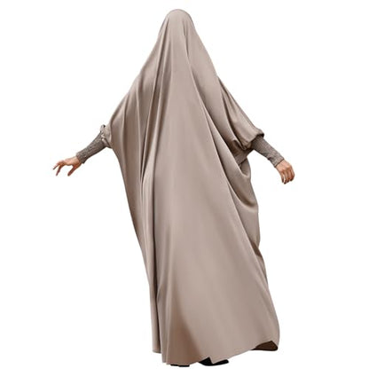 IDOPIP Muslim Abaya for Women One Piece Long Sleeve Islamic Prayer Dress with Hooded Hijab Maxi Kaftan Robe Modest Clothes - color: Light Khaki